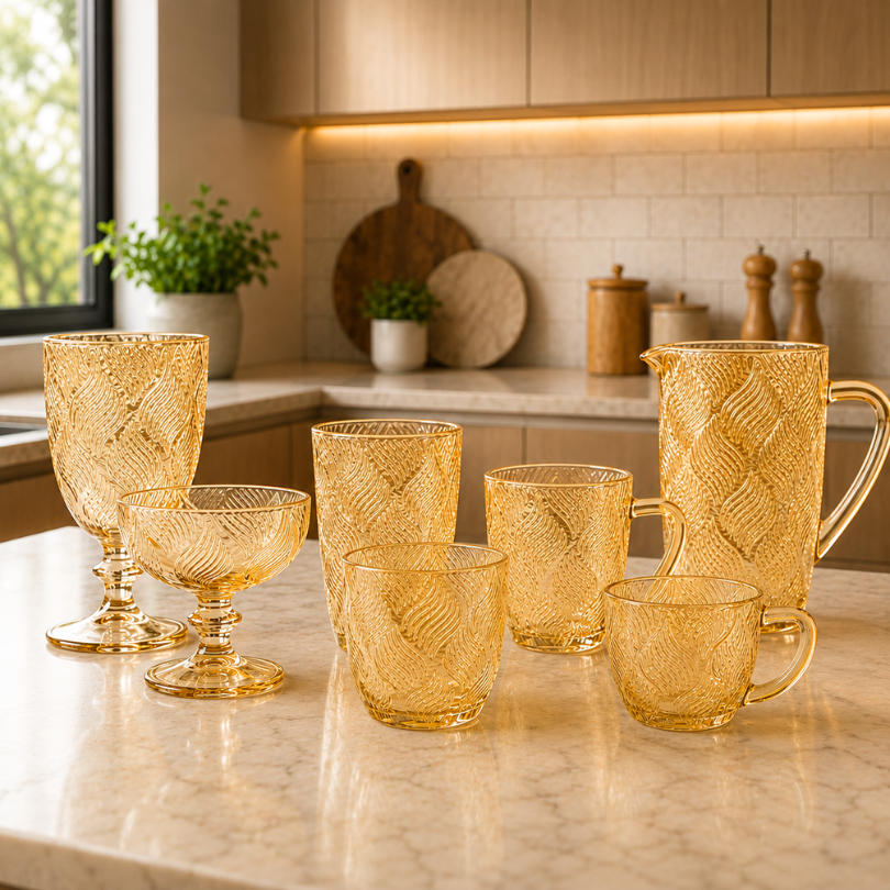 6un Conjunto de Vidro Ambar Copo Taça Xícara Jarra Taça de Sobremesa Elegante