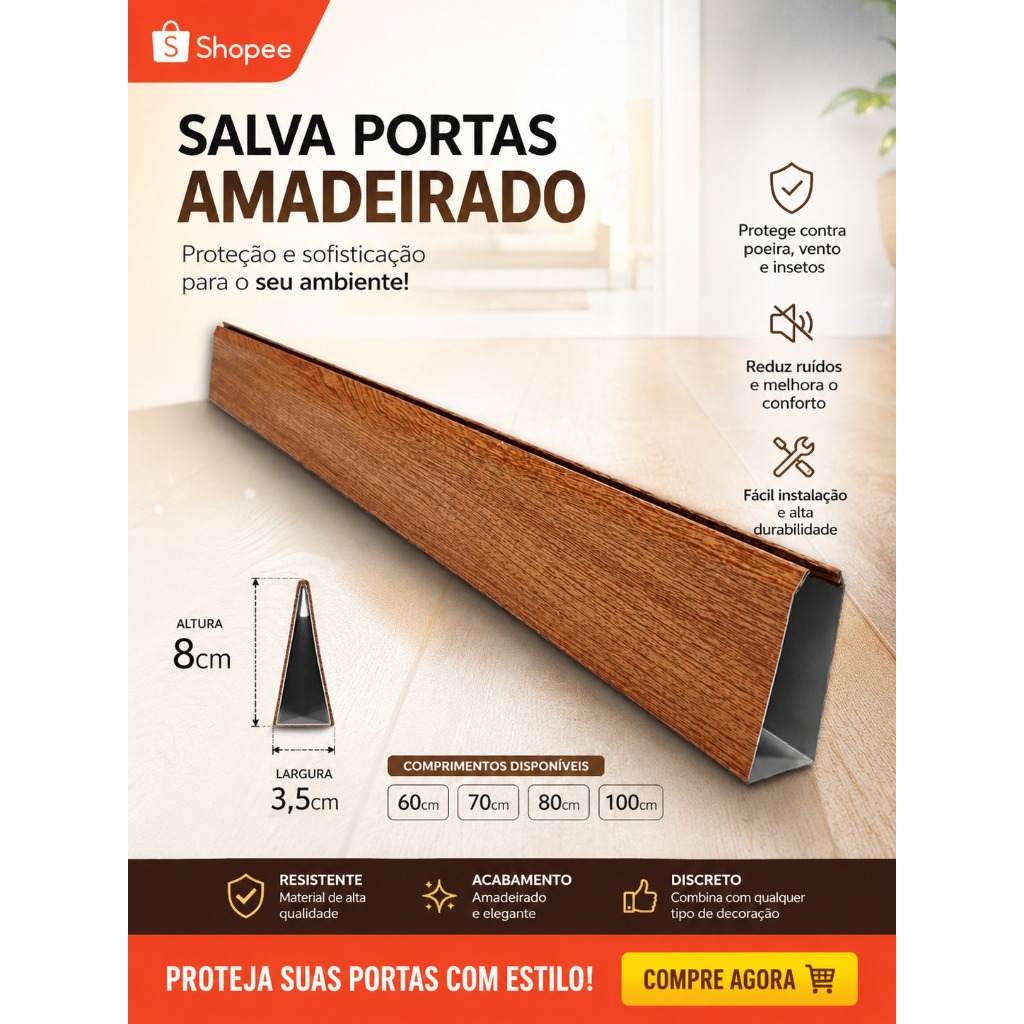 Protetor de Porta Salva Porta - 3,5 x 8 cm Marrom Madeira  - Encaixe sem furo