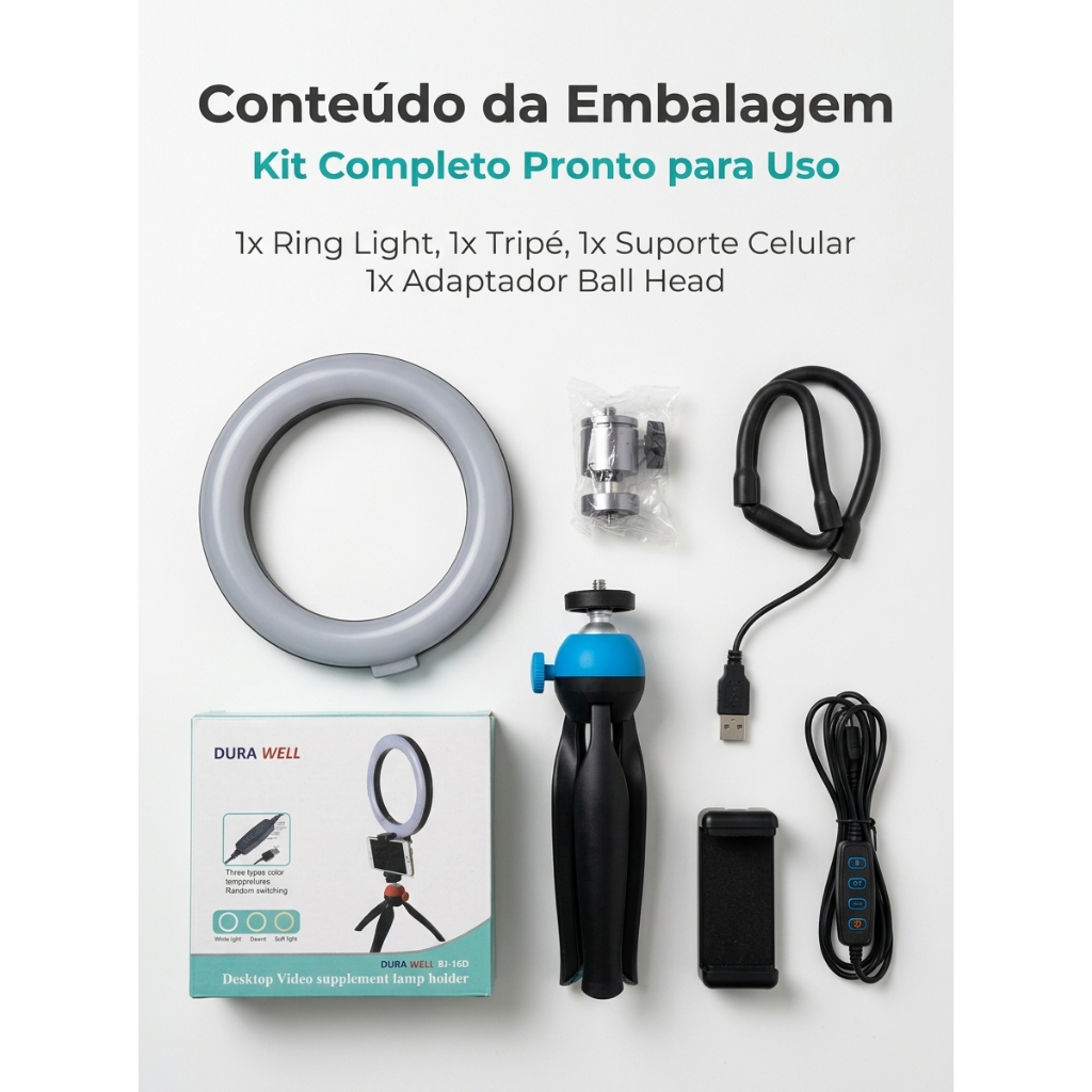 Ring Light de Mesa LED com Tripé Suporte Celular 3 Cores Iluminação Vídeo Live Make Dura Well BJ-16D