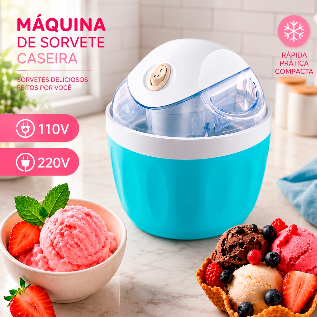 Máquina de Sorvete Iogurte Gelado Caseira 110v 220v Sobremesa 500ml Multiuso