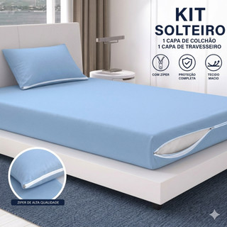 Kit Capa Colchão Solteiro + 1 Capa Travesseiro com Ziper de Malha
