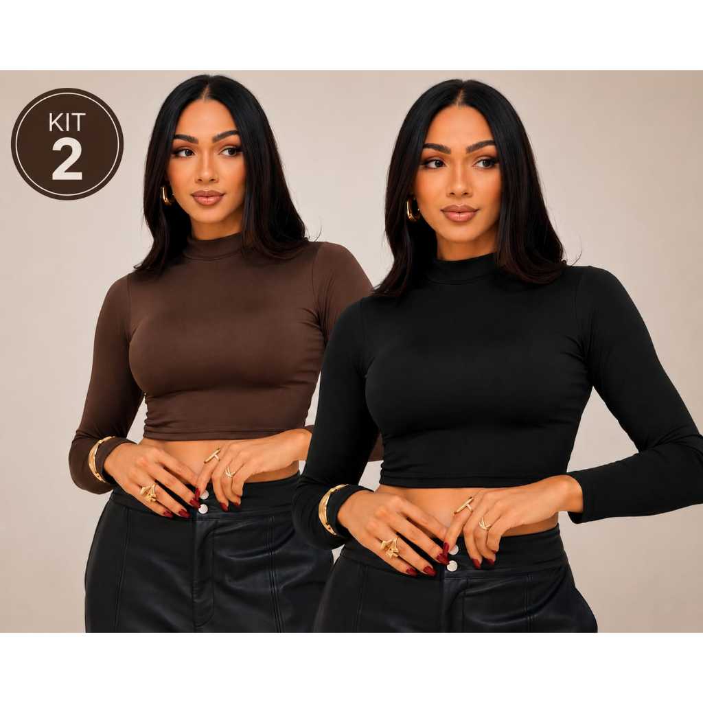 KIT 2 Blusinha Cropped Gola Alta Manga Longa