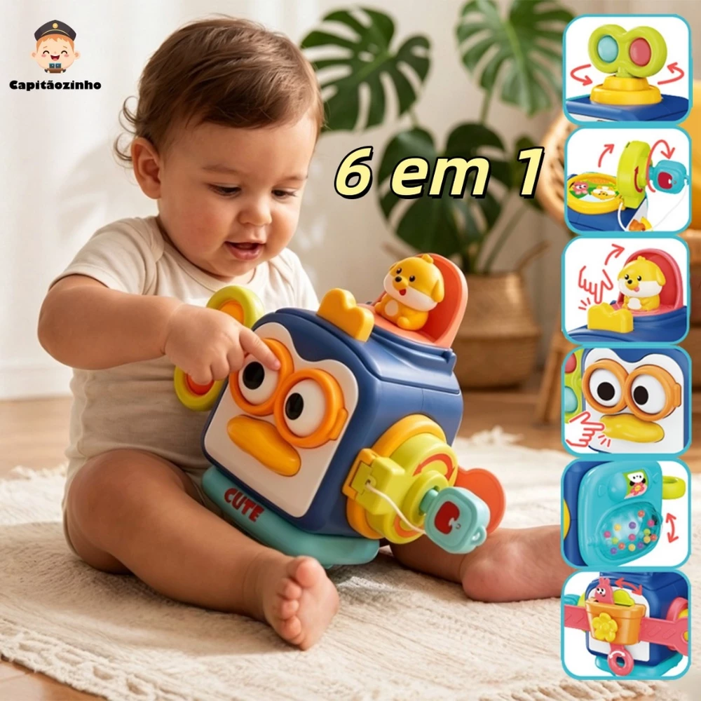 Cubo Montessori de 6 Lados Pinguim Brinquedo Educativo para Bebê 6M+