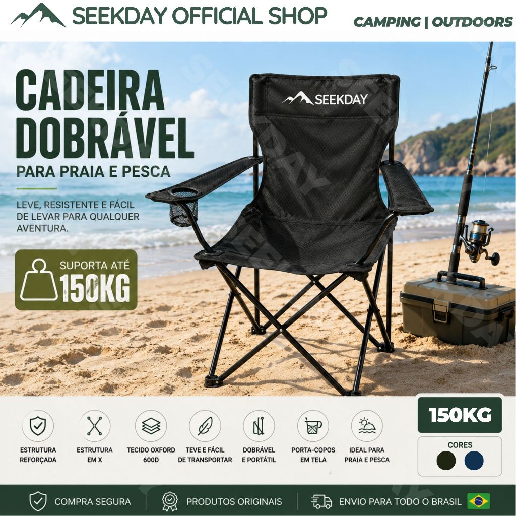 Seekday Cadeira De Praia Camping Dobrável 150kg Porta Copos Pesca Portátil Oxford