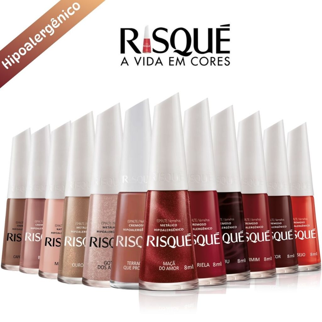 Esmalte Risque Hipoalergênico Kit com Cores Nude e Vermelho Manicure Pedicure Atacado Lançamentos unhas