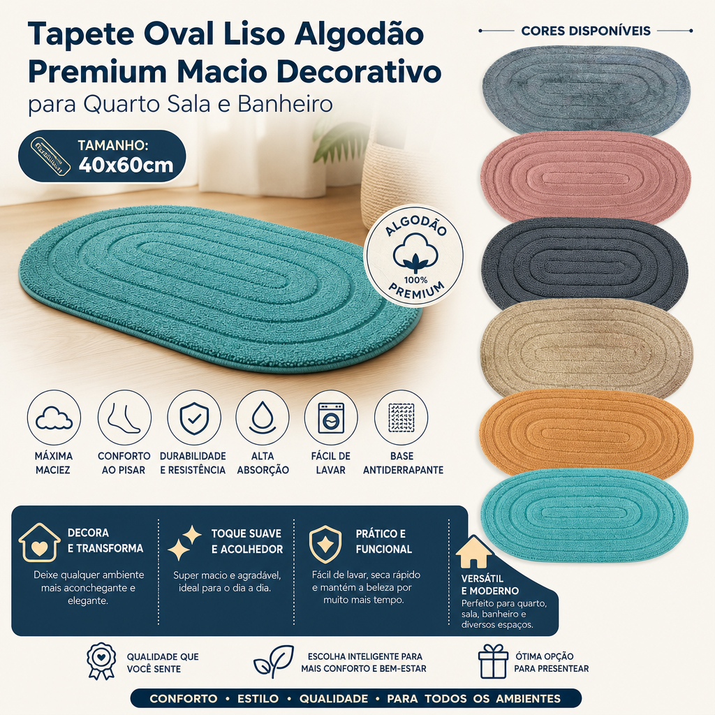 Tapete Oval Liso Algodão Macio Premium Decorativo para Quarto Sala e Banheiro