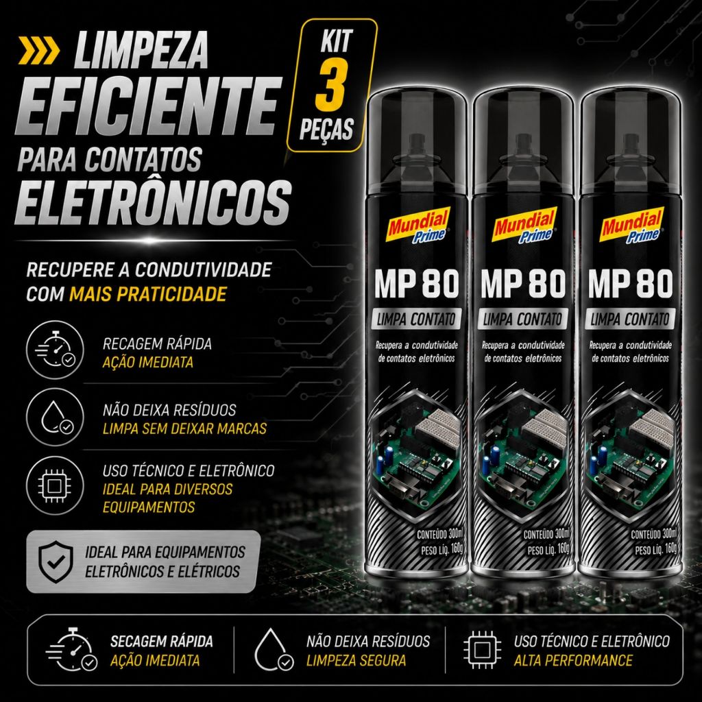 Limpa Contato MP80 spray 300ml MUNDIAL PRIME Eletrônicos Placas Consoles Entradas De Cabos E PC