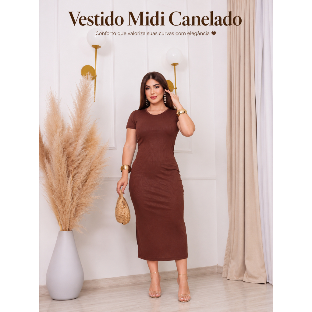 Vestidos Feminino Midi Canelado de Manga Curta Com Fenda Lateral Tubinho Basica Casual