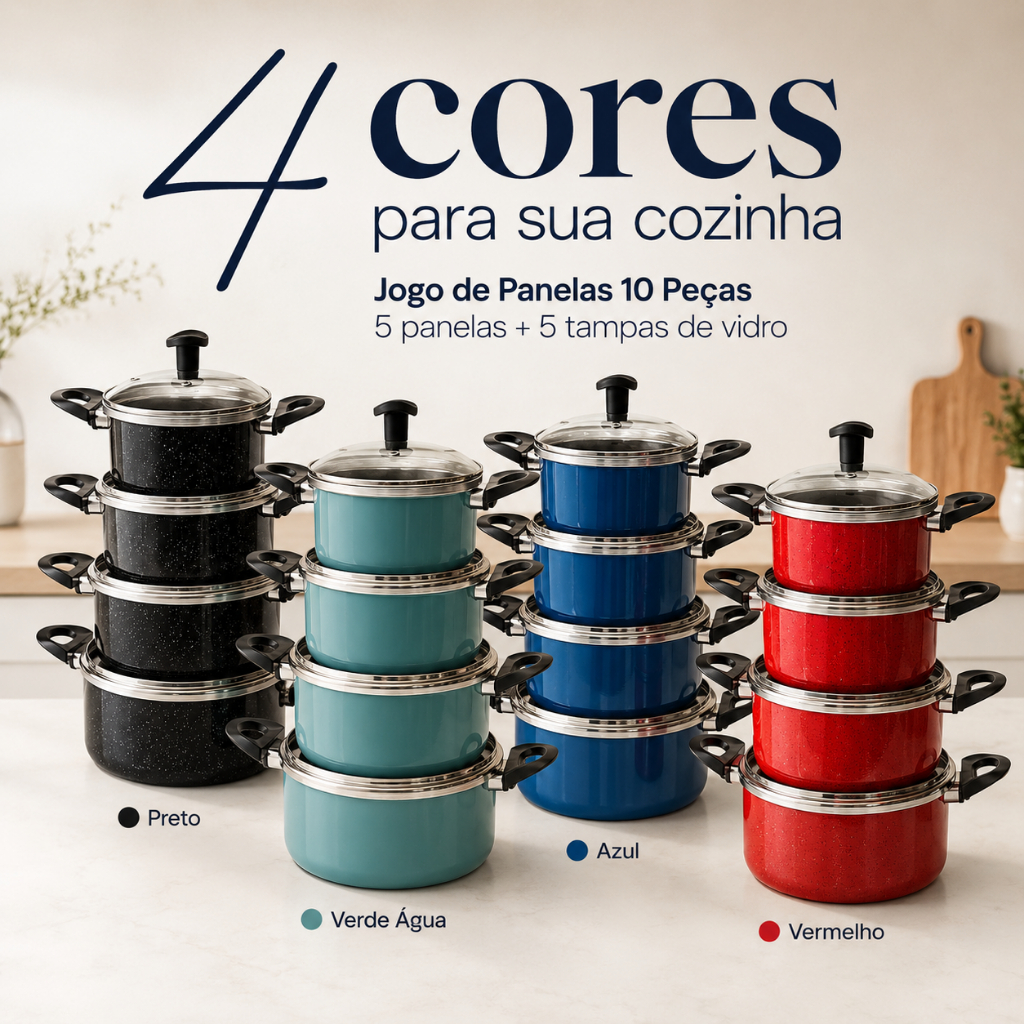 Jogo de Panelas Caçarolas 10 Peças 5 Tampa de Vidro 5 Panelas Coloridas Alumínio Grosso Tampa Vidro