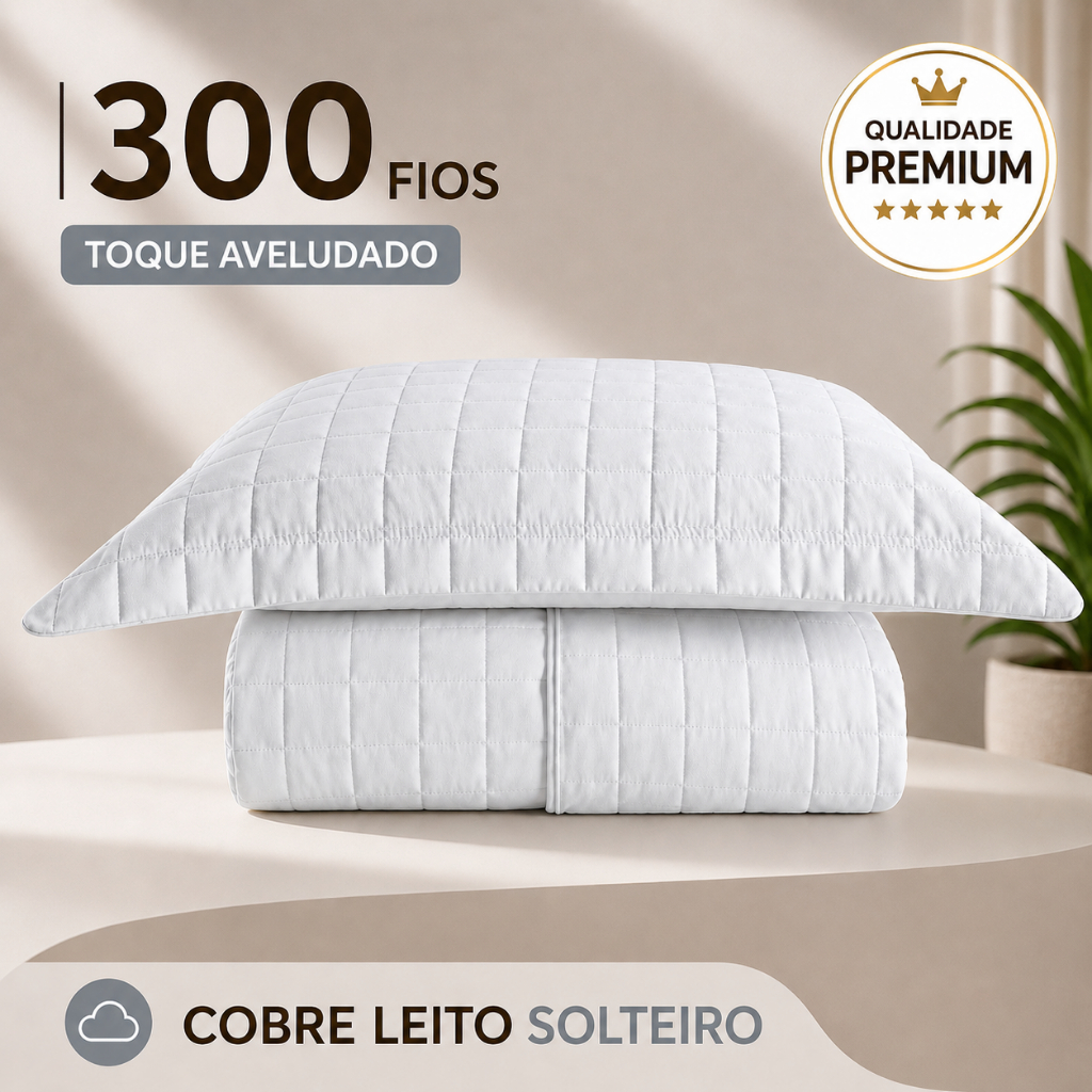 Cobre Leito Luxo Casa Colcha Solteiro com Porta Travesseiro Matelassê Percal 300 fios Basic - Branco