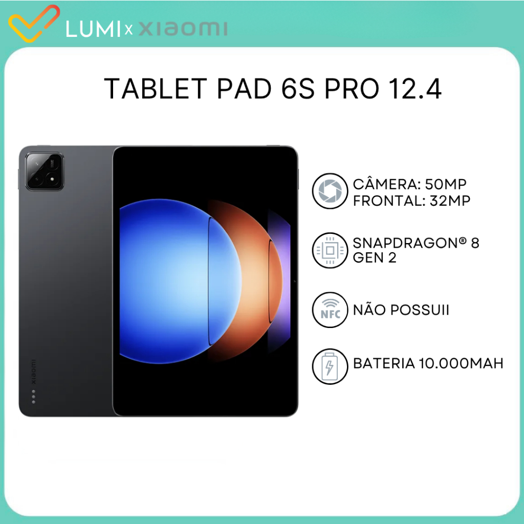 Tablet Xiaomi Pad 6S Pro 12.4, Versão Global, 52GB/12GB RAM, Processador Snapdra