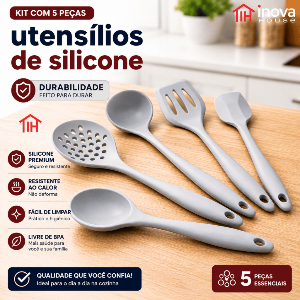 Kit 5 Utensílios para Cozinha de Silicone Escumadeira Concha Espátula Colher de Arroz Pegador
