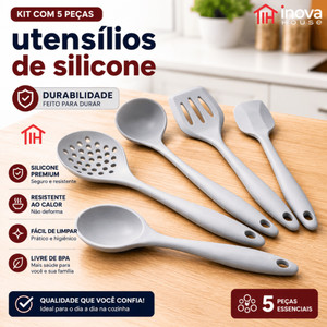 Kit 5 Utensílios para Cozinha de Silicone Escumadeira Concha Espátula Colher de Arroz Pegador