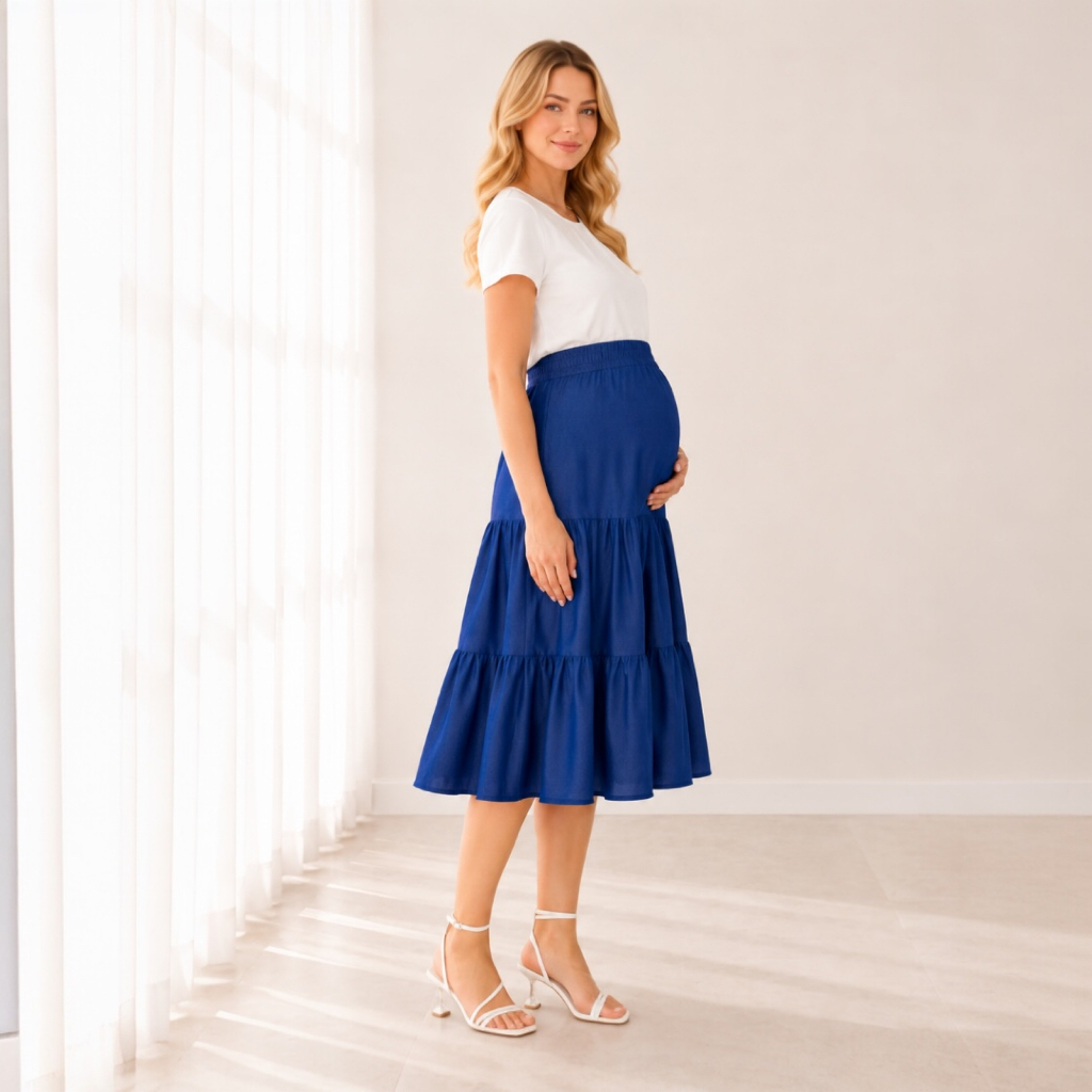 Saia Midi Gestante Jeans Tencel com Babado Prática Versátil  Elástico Confortável Leve Elegante Moda Evangélica