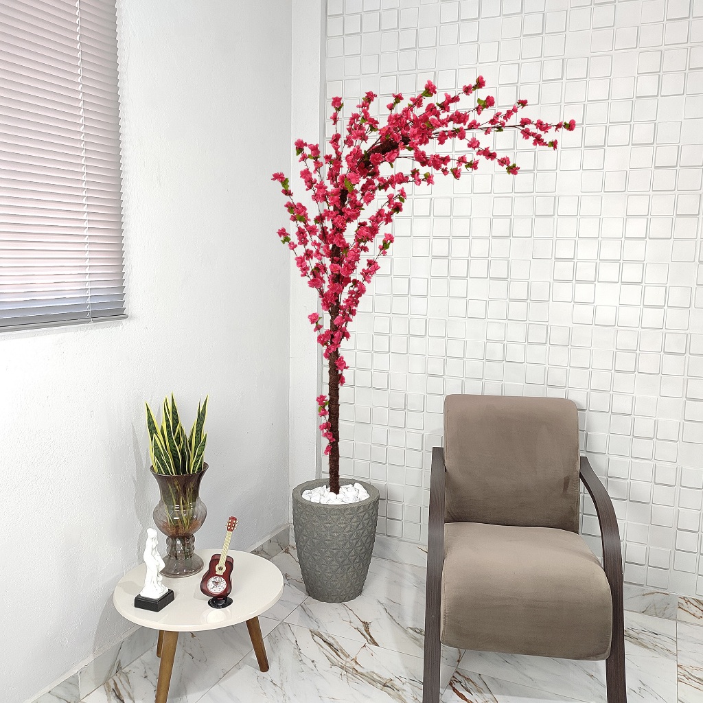 Planta Artificial Cerejeira Curva Pink 180cm Galho Curvado Vaso Pedra