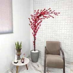 Planta Artificial Cerejeira Curva Pink 180cm Galho Curvado Vaso Pedra