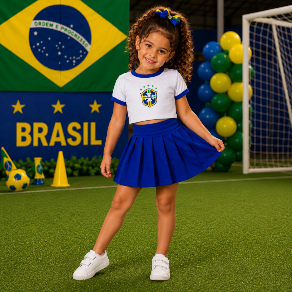 Conjunto Menina Short Saia + Cropped Copa Do Mundo Brasil Seleção Blogueira Futebol Luxo Canelado