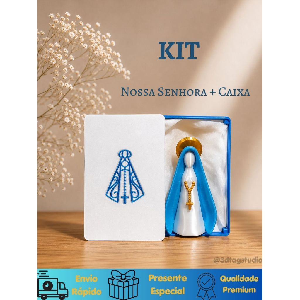 KIT de Caixa Decorativa e Imagem Decorativa Nossa Senhora Aparecida Detalhes com Manto Azul Premium