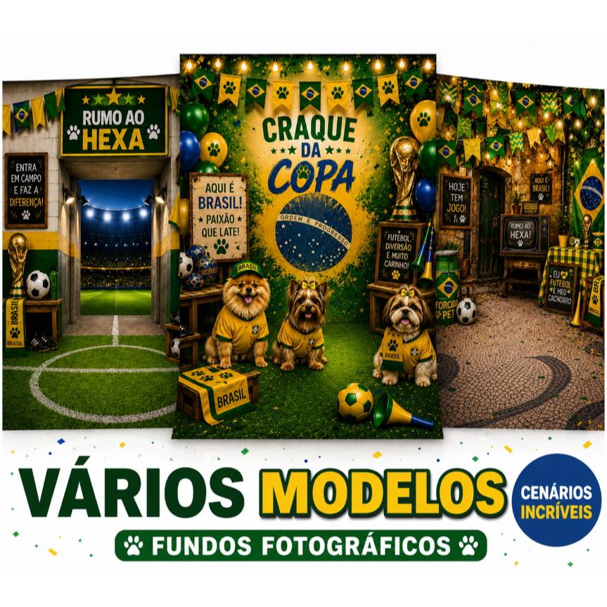 Fundo Fotográfico Pet Shop Copa do Mundo 2026 | Cenário para Fotos de Cachorros e Pets
