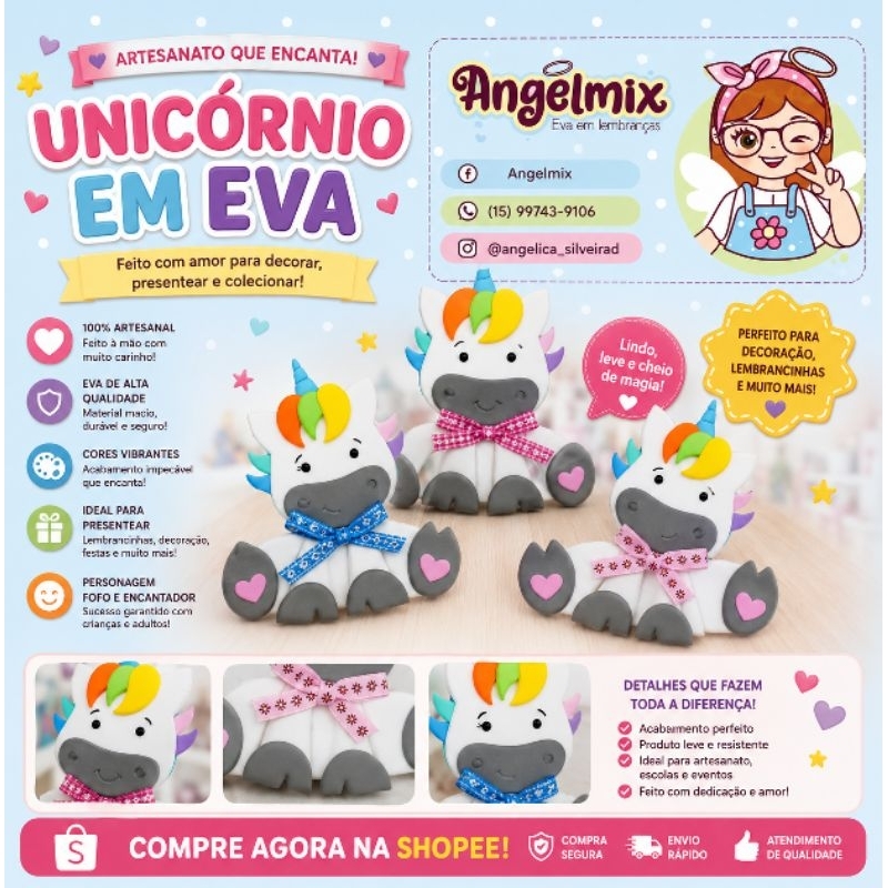 Aplique unicórnio fofo em Eva para decoração de bolo fake, para lembrancinhas, enfeites pedagógicos