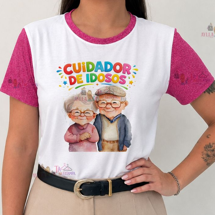 Tshirt  MANGA LUREX , PROFISSÃO, CUIDADORA DE IDOSOS, Serviço social, educação especial,FLORAL,PLUS SIZE