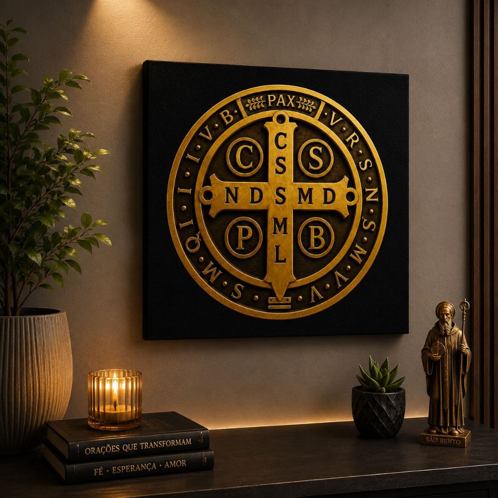 Quadro Decorativo Religioso Medalha de São Bento Proteção para o Lar