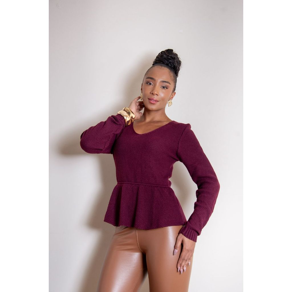 Blusa de Frio Feminina em Tricot Manga Longa Peplum Inverno Elegante