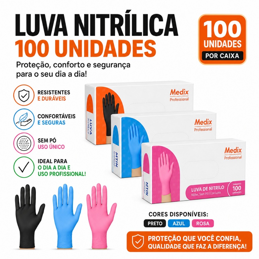 Luvas descartáveis ​​de nitrilo sem pó , caixa com 100 unidades para uso profissional.