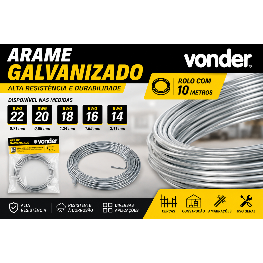 Arame Galvanizado Vonder BWG 22 20 18 16 14 10m Alta Resistência