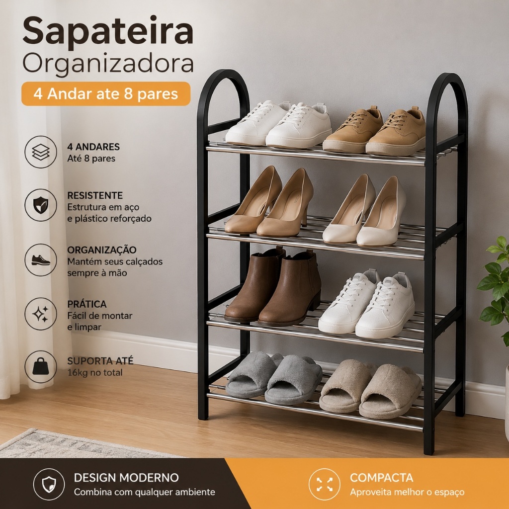 Sapateira Organizadora Porta Sapatos 8 Pares 4 Andares Para Quarto Hall de Entrada Multiuso Tênis