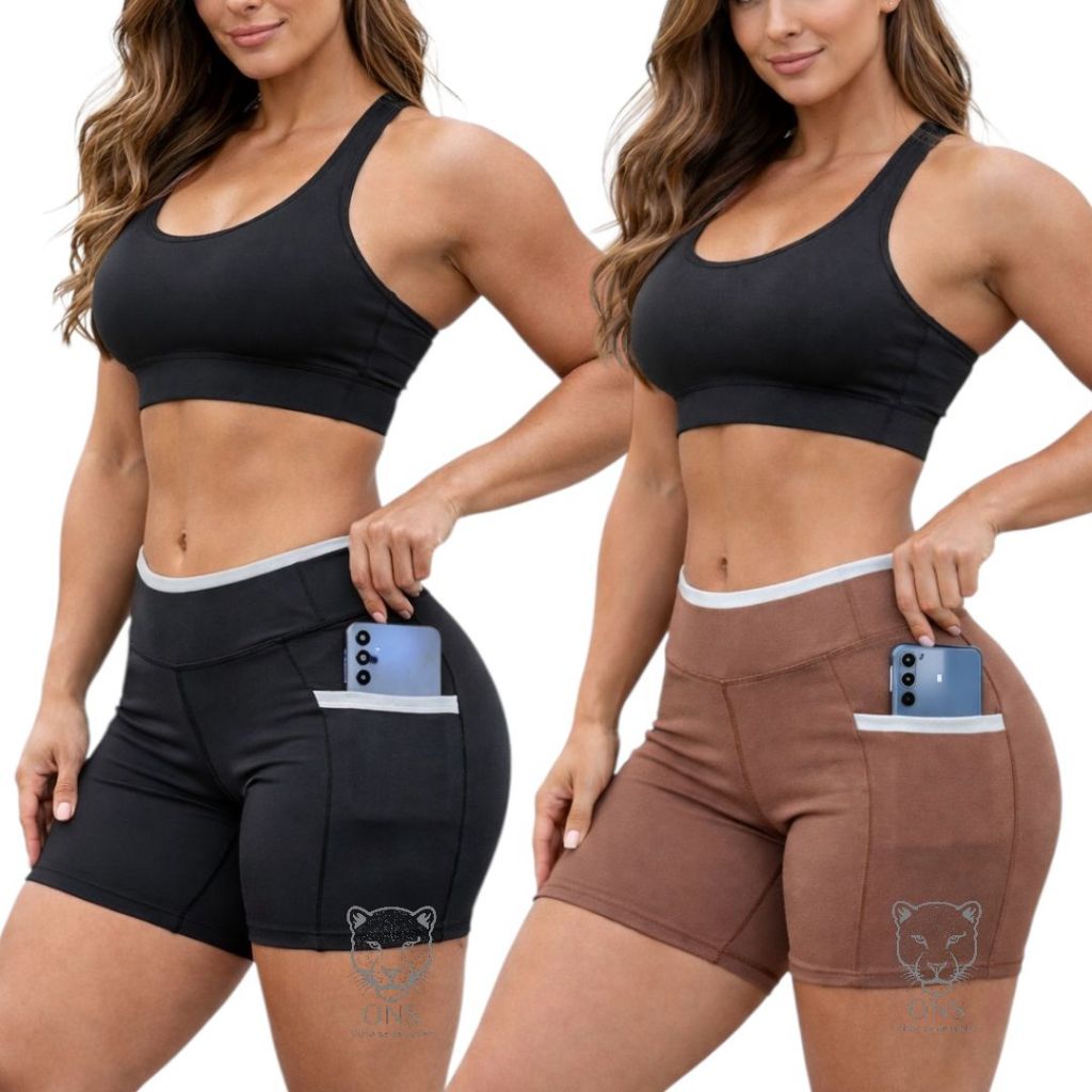 Kit 2 Short Feminino Bolso Porta Celular fitness Modeladora Roupa Academia Cintura Alta Zero Transparencia