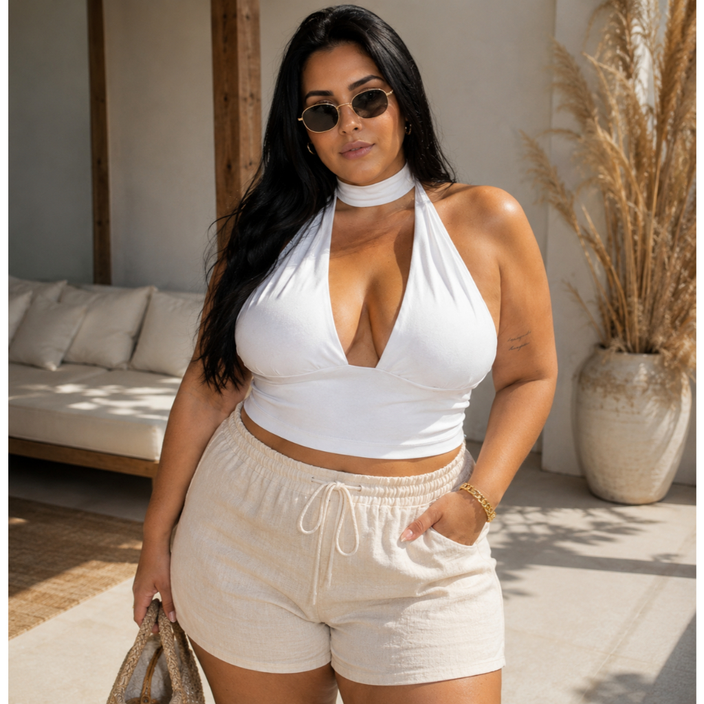Blusinha Plus Size Amarração Gola V Halter Amarração Blusinha Plus Elegante Chique Casual GG ao G3