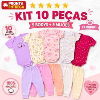 Kit 10 Peças Roupinhas de Bebê Body E Mijão Para Menina