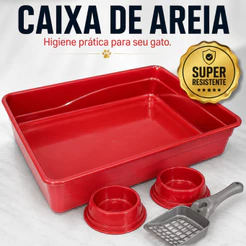 Caixa de Areia para Gatos, Kit com Bandeja Banheiro ,2 Comedouros e Pá Higiênica Kit c/ 4 peças