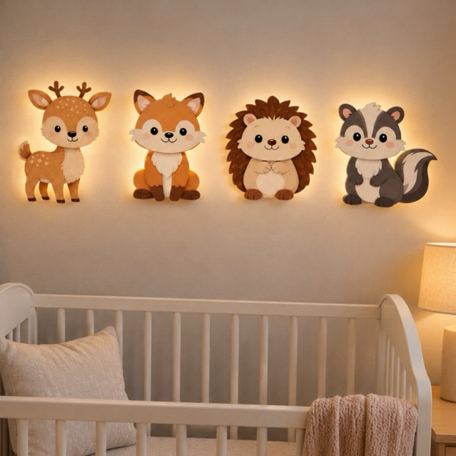 Kit Bosque iluminado Enfeite de parede decorativo Cervo, porco espinho, gambá e raposa (4 peças)