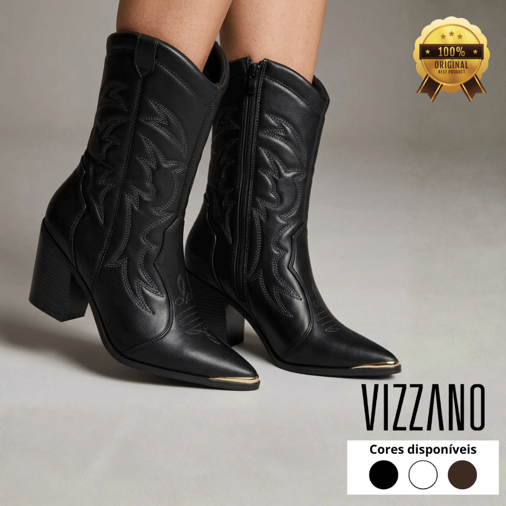 Bota Cano Médio Feminina Vizzano Estilo Country Western Salto Bloco Conforto e Estilo Original