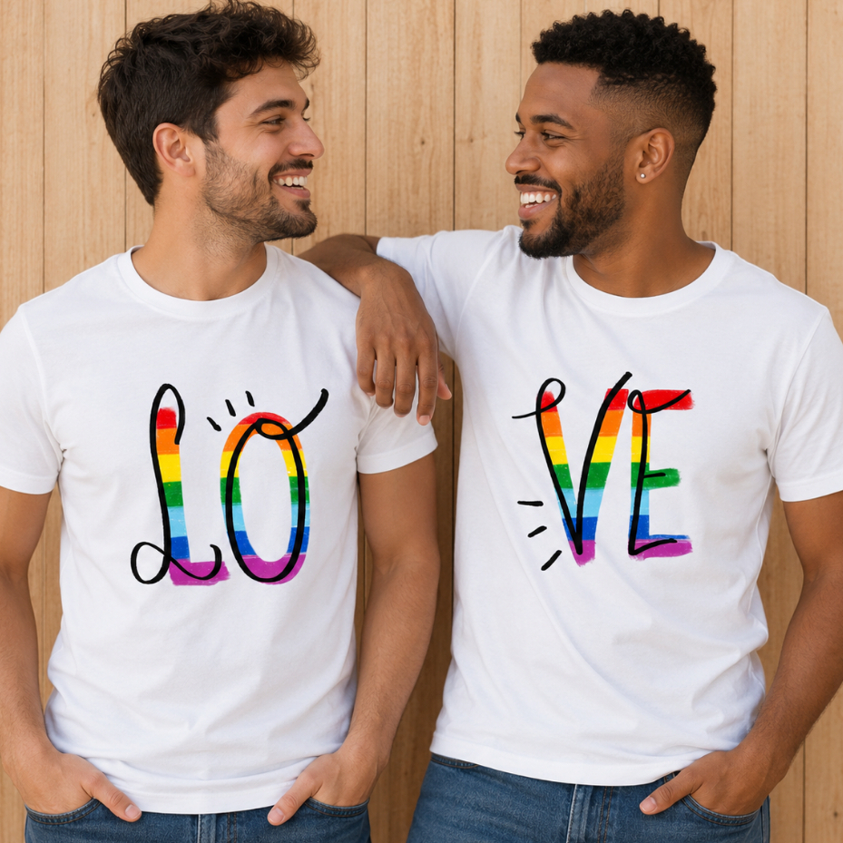 Camiseta Casal Love LGBT Masculina LOVE Kit Camisas Pride Arco-Íris para Namorados Dia dos Namorados