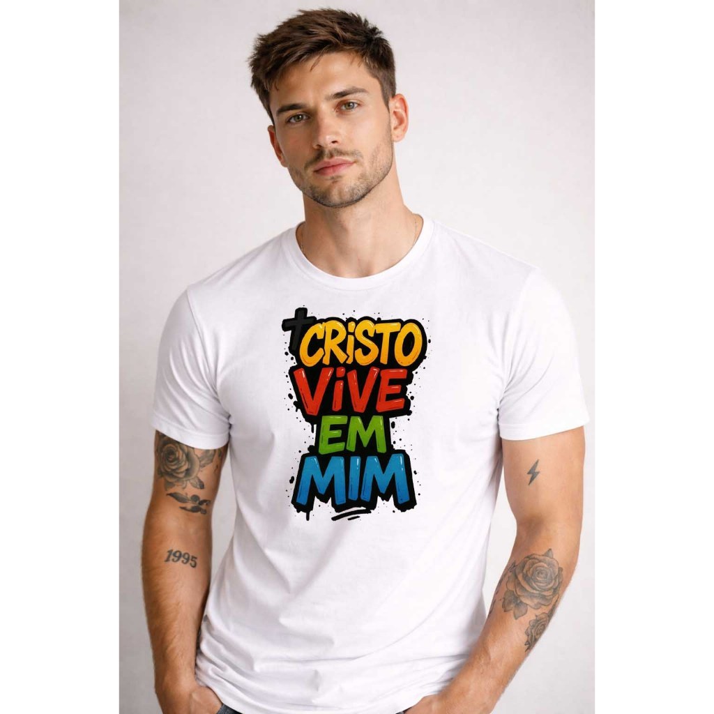 Camiseta Masculina Camisa Unissex Algodão Estampada Frase Cristo Vive Em Mim Macia