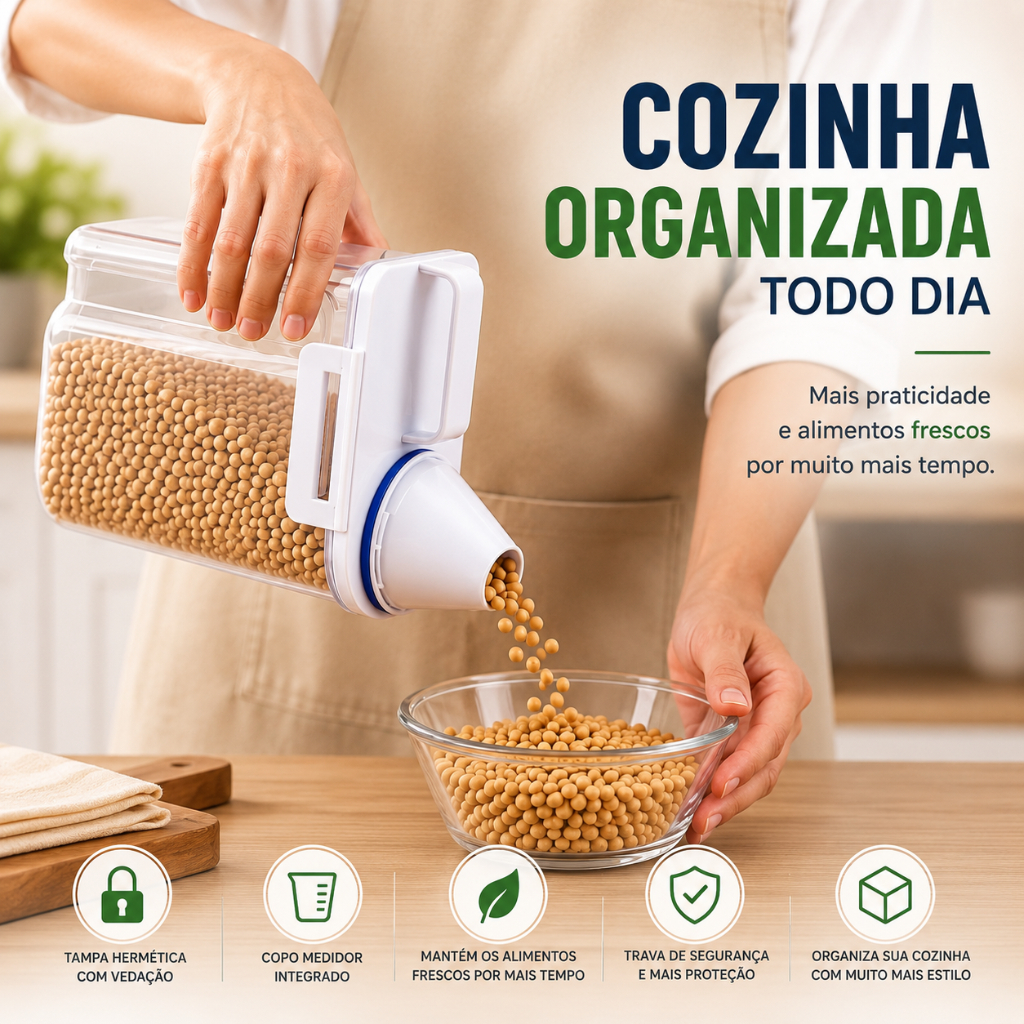 Detalhes do Dispenser Organizador Hermético 1,5L Com Copo Medidor Para Arroz Feijão Grãos Ração e Mantimentos