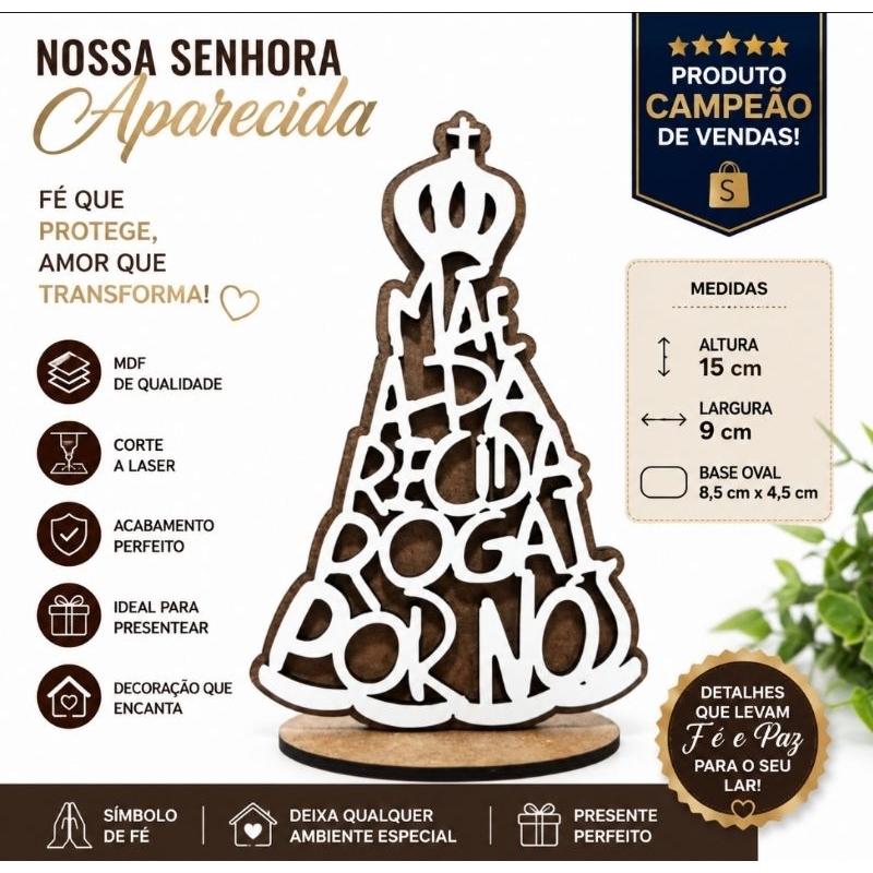 Enfeite Católico Nossa Senhora Aparecida Decorativo MDF Corte a Laser Católico Presente Decoração