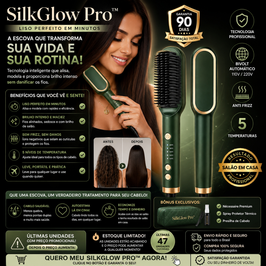 Escova Alisadora Profissional SilkGlow Pro™ Bivolt Anti Frizz VERDE 5 Temperaturas