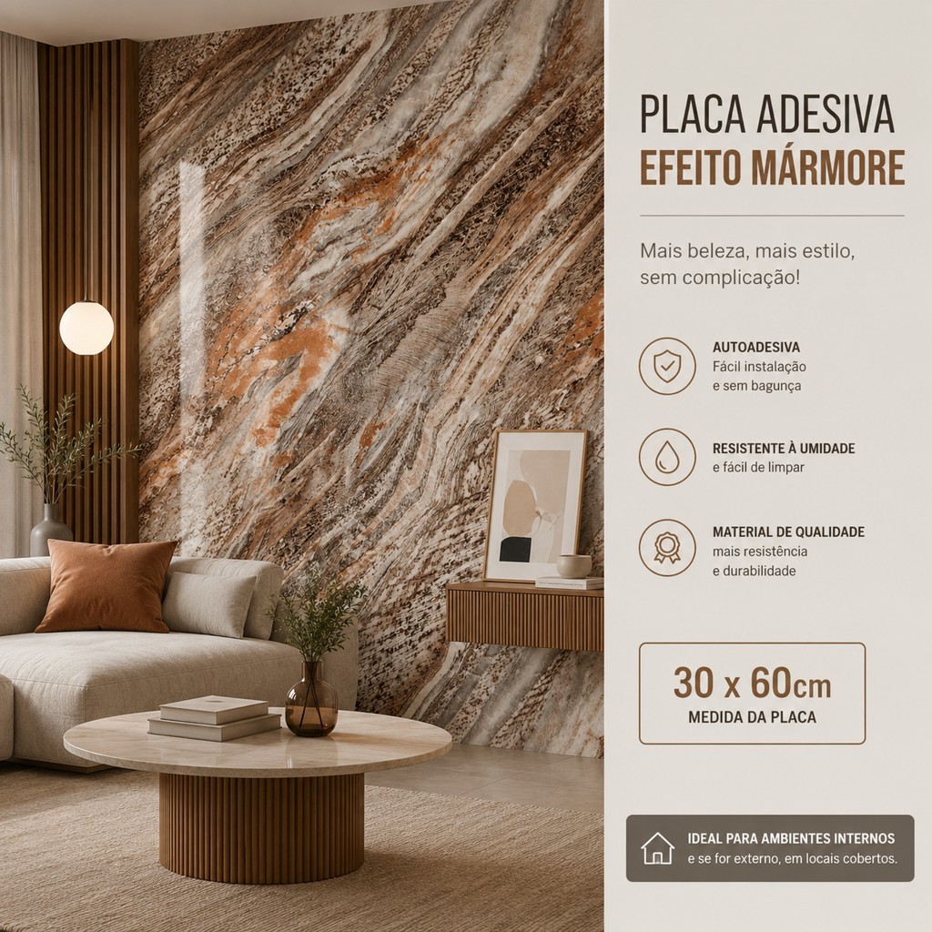 Kit Placas Adesiva de Parede 3D Mármore 30x60cm Autocolante Decoração 10, 20 Placas