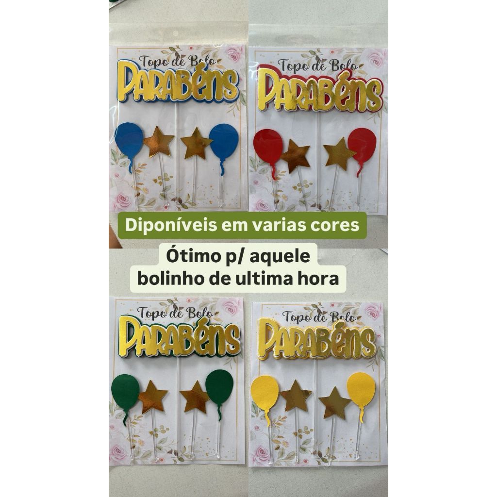 Kit 10 Topo Coloridos Parabéns c/ balão e estrela Colo / Topo de bolo com dourado / Topo parabéns em camadas