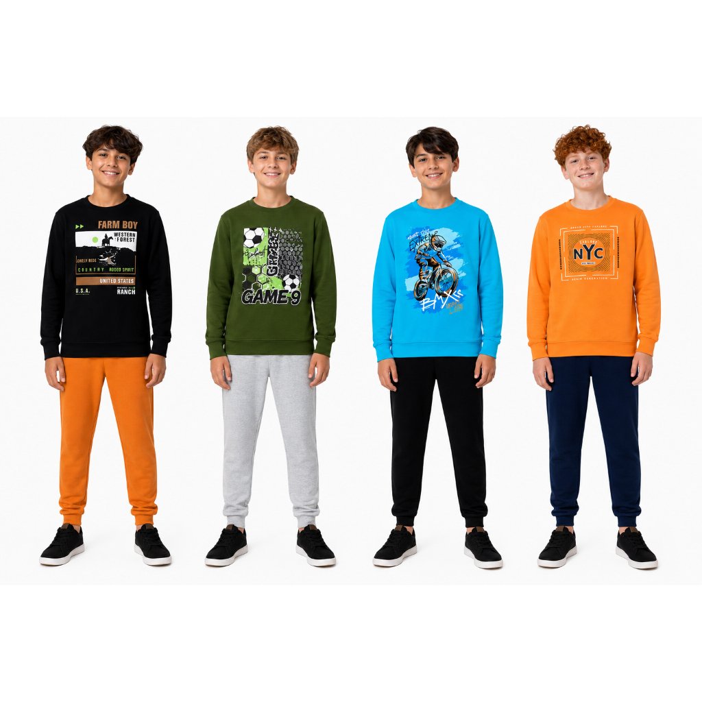 Kit 2 Conjuntos Juvenil Moletom Básico Menino – Sem Capuz – Inverno – Tamanhos 10 ao 14 – Estampas Sortidas