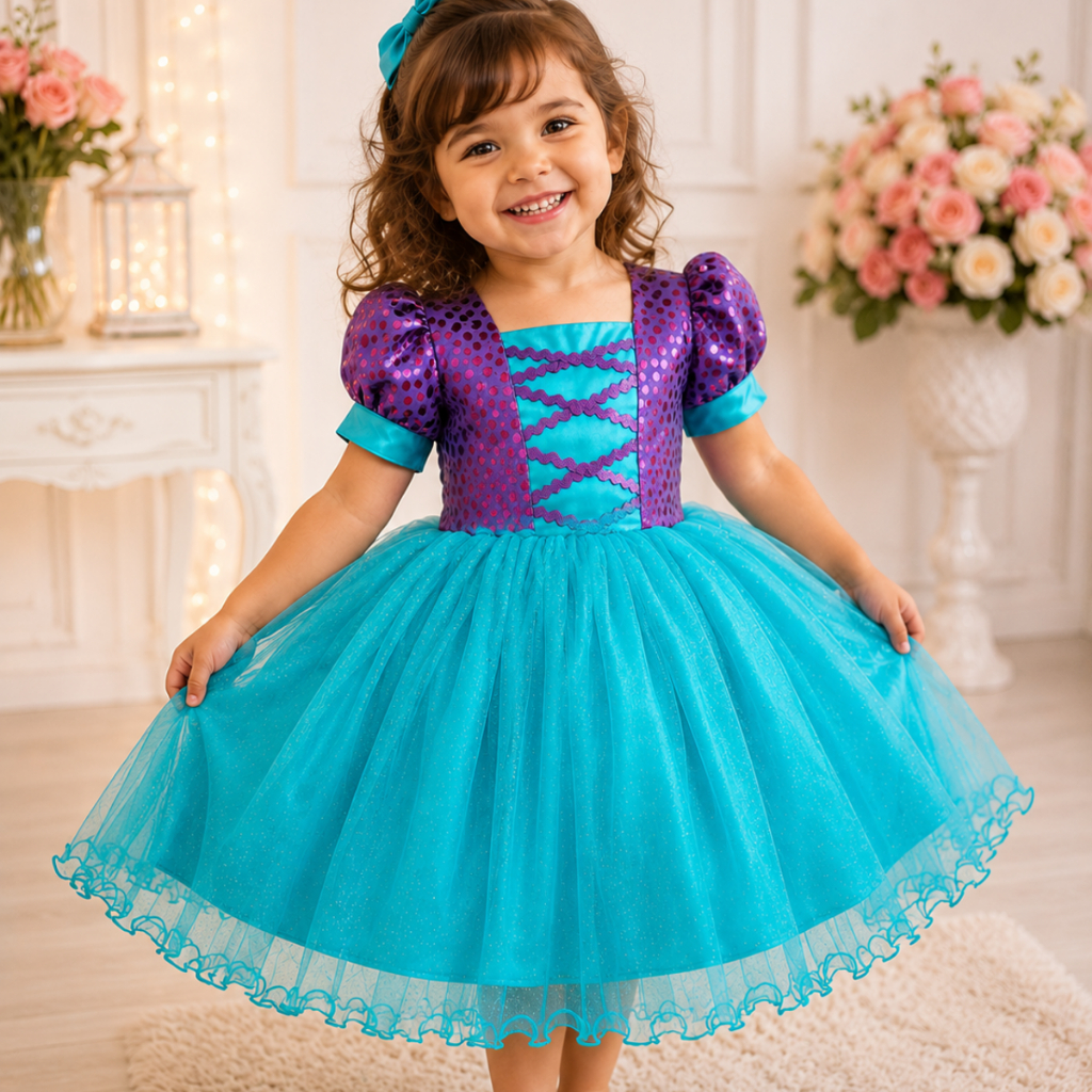 Vestido Infantil Sereia Ariel Fundo Do Mar Paetê menina luxo