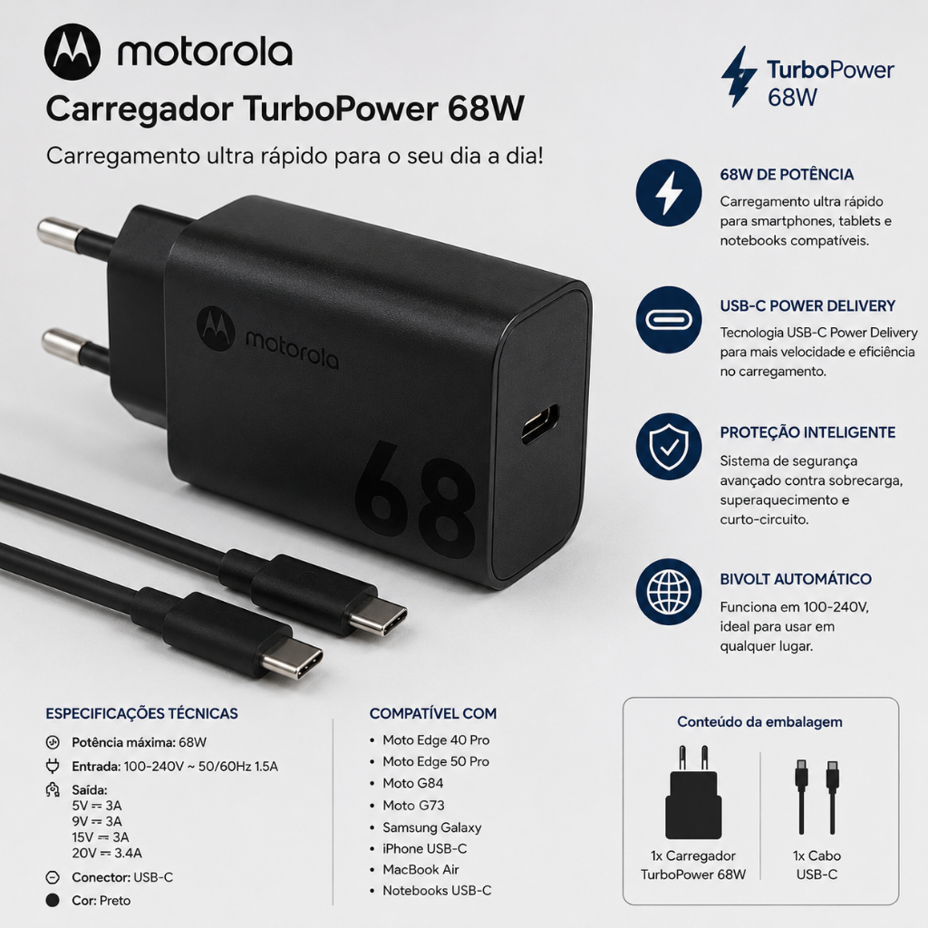Carregador Motorola TurboPower 68W USB-C Original Turbo Charger