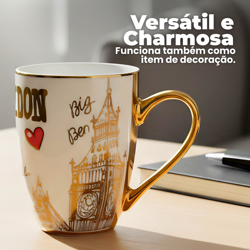 caneca com estampa (SORTIDA) de Londres, branca e dourado - cerâmica , 350ml, c/alça, resistente — imagem 2 de 2