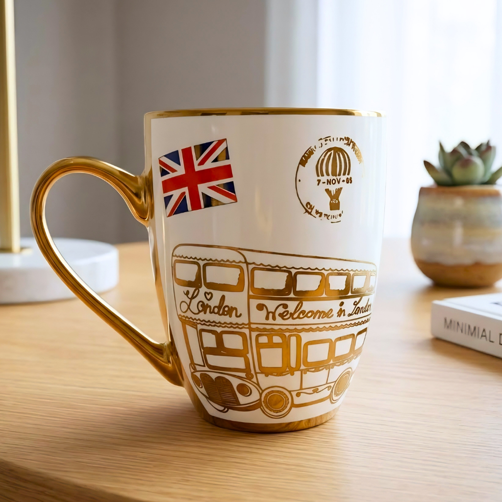 caneca com estampa de Londres, branca e dourado - cerâmica , 350ml, c/alça, resistente