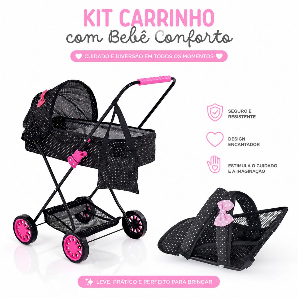 Kit Carrinho De Boneca Com BB Conforto Para Criança Infantil Bonecas Reborn Luxo Grande Mega Compo Promocional Brinquedo