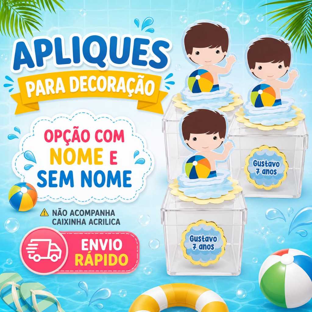 Apliques em pé 3D e nome e idade Pool Party Menino Lembrancinhas Festa infantil Aniversário Personalizados PEGUE E MONTE